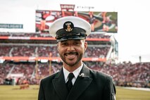U.S. Navy MU1 Rayvon Owen, with the U.S. Navy Band Sea Chanters Washington D.C., poses for a photo before his performance of the national anthem for the San Francisco 49ers Salute to Service game vs. the Seattle Seahawks at Levi’s Stadium Santa Clara, California. Nov. 17, 2024. U.S. service members participated in the Salute to Service game to help honor the nation's service members, veterans and their families. (U.S. Marine Corps photo by Cpl. Sarah M. Grawcock)