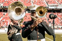 U.S. Marine Corps Lance Cpl. Chandler Ash with Marine Band San Diego, performs during the pregame show before the San Francisco 49ers Salute to Service game vs. the Seattle Seahawks at Levi’s Stadium Santa Clara, California. Nov. 17, 2024. The Marine Band San Diego participated in the Salute to Service game to help honor the nation's service members, veterans and their families. (U.S. Marine Corps photo by Cpl. Sarah M. Grawcock)