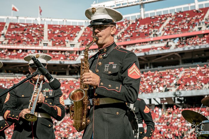 U.S. Marine Corps Cpl. Jake Maine with Marine Band San Diego, performs during the pregame show before the San Francisco 49ers Salute to Service game vs. the Seattle Seahawks at Levi’s Stadium Santa Clara, California. Nov. 17, 2024. The Marine Band San Diego participated in the Salute to Service game to help honor the nation's service members, veterans and their families. (U.S. Marine Corps photo by Cpl. Sarah M. Grawcock)