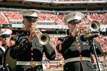 U.S. Marine Corps Staff Sgt. Colin Blaney, right, and Cpl. Jacob Daniels, left, both with Marine Band San Diego, perform during the pregame show before the San Francisco 49ers Salute to Service game vs. the Seattle Seahawks at Levi’s Stadium Santa Clara, California. Nov. 17, 2024. The Marine Band San Diego participated in the Salute to Service game to help honor the nation's service members, veterans and their families. (U.S. Marine Corps photo by Cpl. Sarah M. Grawcock)