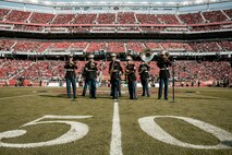 U.S. Marines with Marine Band San Diego, perform during the pregame show before the San Francisco 49ers Salute to Service game vs. the Seattle Seahawks at Levi’s Stadium Santa Clara, California. Nov. 17, 2024. The Marine Band San Diego participated in the Salute to Service game to help honor the nation's service members, veterans and their families. (U.S. Marine Corps photo by Cpl. Sarah M. Grawcock)