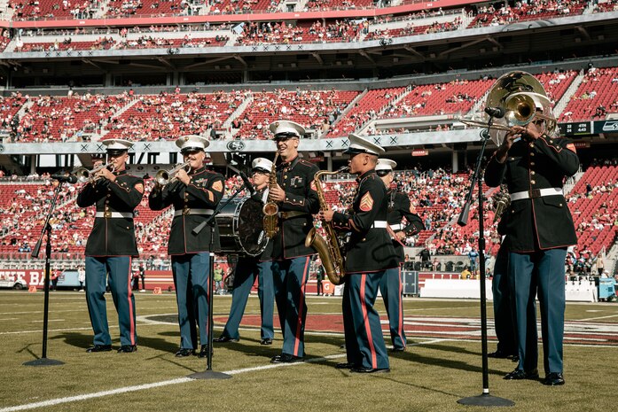 U.S. Marines with Marine Band San Diego, perform during the pregame show before the San Francisco 49ers Salute to Service game vs. the Seattle Seahawks at Levi’s Stadium Santa Clara, California. Nov. 17, 2024. The Marine Band San Diego participated in the Salute to Service game to help honor the nation's service members, veterans and their families. (U.S. Marine Corps photo by Cpl. Sarah M. Grawcock)