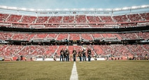 U.S. Marines with Marine Band San Diego perform during the pregame show before the San Francisco 49ers Salute to Service game vs. the Seattle Seahawks at Levi’s Stadium Santa Clara, California. Nov. 17, 2024. The Marine Band San Diego participated in the Salute to Service game to help honor the nation's service members, veterans and their families. (U.S. Marine Corps photo by Cpl. Sarah M. Grawcock)