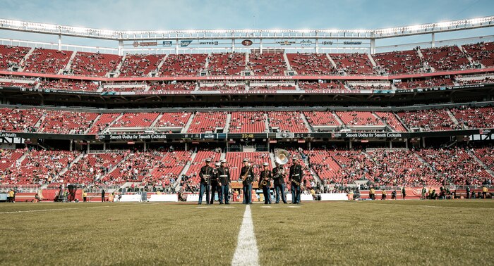 U.S. Marines with Marine Band San Diego perform during the pregame show before the San Francisco 49ers Salute to Service game vs. the Seattle Seahawks at Levi’s Stadium Santa Clara, California. Nov. 17, 2024. The Marine Band San Diego participated in the Salute to Service game to help honor the nation's service members, veterans and their families. (U.S. Marine Corps photo by Cpl. Sarah M. Grawcock)