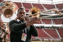 U.S. Marine Corps Lance Cpl. Chandler Ash with Marine Band San Diego, rehearses before the San Francisco 49ers Salute to Service game vs. the Seattle Seahawks at Levi’s Stadium Santa Clara, California. Nov. 17, 2024. Marine Band San Diego participated in the Salute to Service game to help honor the nation's service members, veterans and their families. (U.S. Marine Corps photo by Cpl. Sarah M. Grawcock) (This photo has been altered for security purposes by blurring out personal information)
