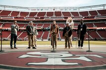 U.S. Marines with Marine Band San Diego, wait to rehearse before the San Francisco 49ers Salute to Service game vs. the Seattle Seahawks at Levi’s Stadium Santa Clara, California, Nov. 17, 2024. Marine Band San Diego participated in the Salute to Service game to help honor the nation's service members, veterans and their families. (U.S. Marine Corps photo by Cpl. Sarah M. Grawcock)