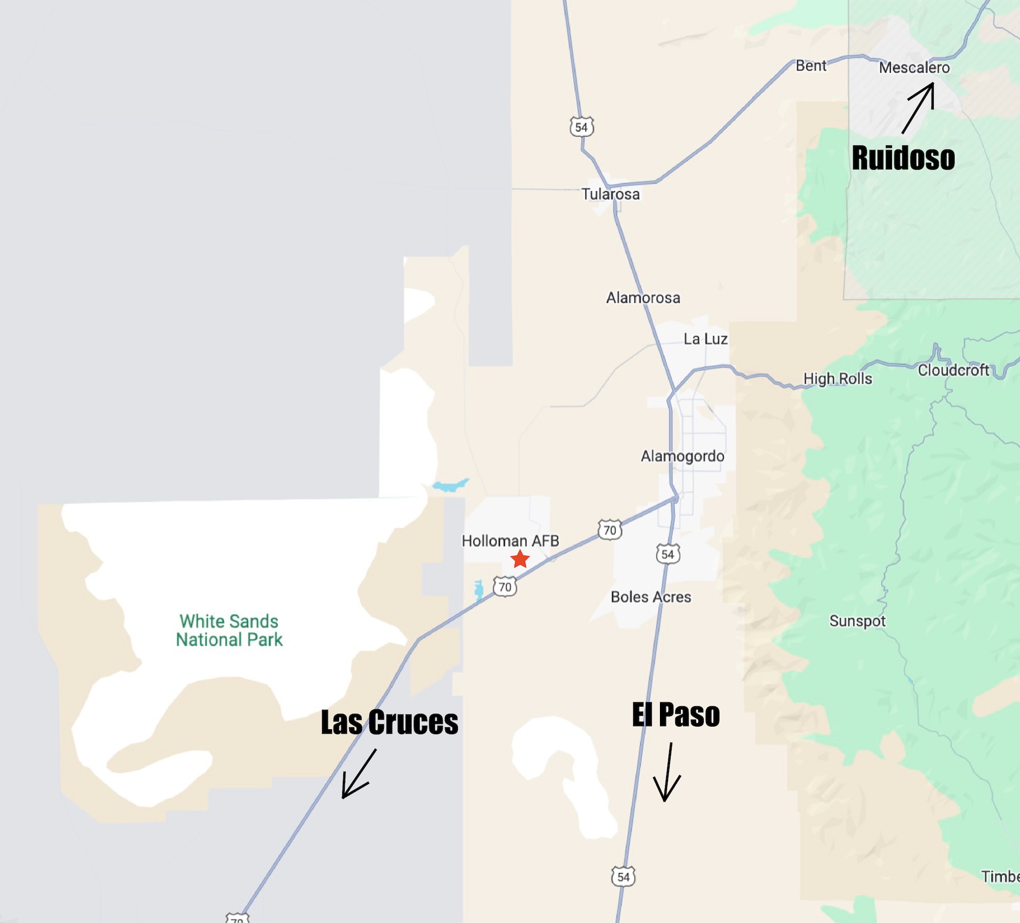A map showing directions on how to get to Holloman Air Force Base.