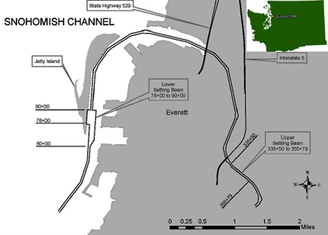Illustration of a map of the Swinomish Channel, a federal navigation channel located between the eastern shore of Fidalgo Island and the mainland at the western edge of Skagit County, Washington. U.S. Army Corps of Engineers officials will oversee operations to dredge accumulated shoaling at Everett Harbor and the channel, Dec. 16, 2024 to Feb. 14, 2025, to provide safe passage for vessels transiting along the Snohomish River.