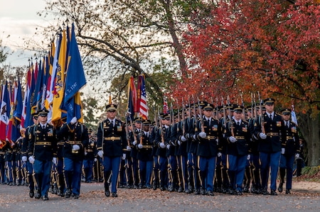 Several rows of Soldiers dressed in dark blue ceremonial dress uniforms are marching down a street (toward the camera). The Soldiers on the left are carrying flags and the Soldiers on the right are carrying rifles.