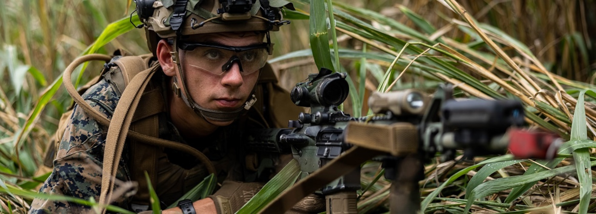U.S. Marine Corps Lance Cpl. Nicodemus Williams, a native of Michigan and a rifleman with 3d Littoral Combat Team, 3d Marine Littoral Regiment, 3d Marine Division, sets security during a platoon attack at Marine Corps Training Area Bellows, Hawaii, Nov. 19, 2024.