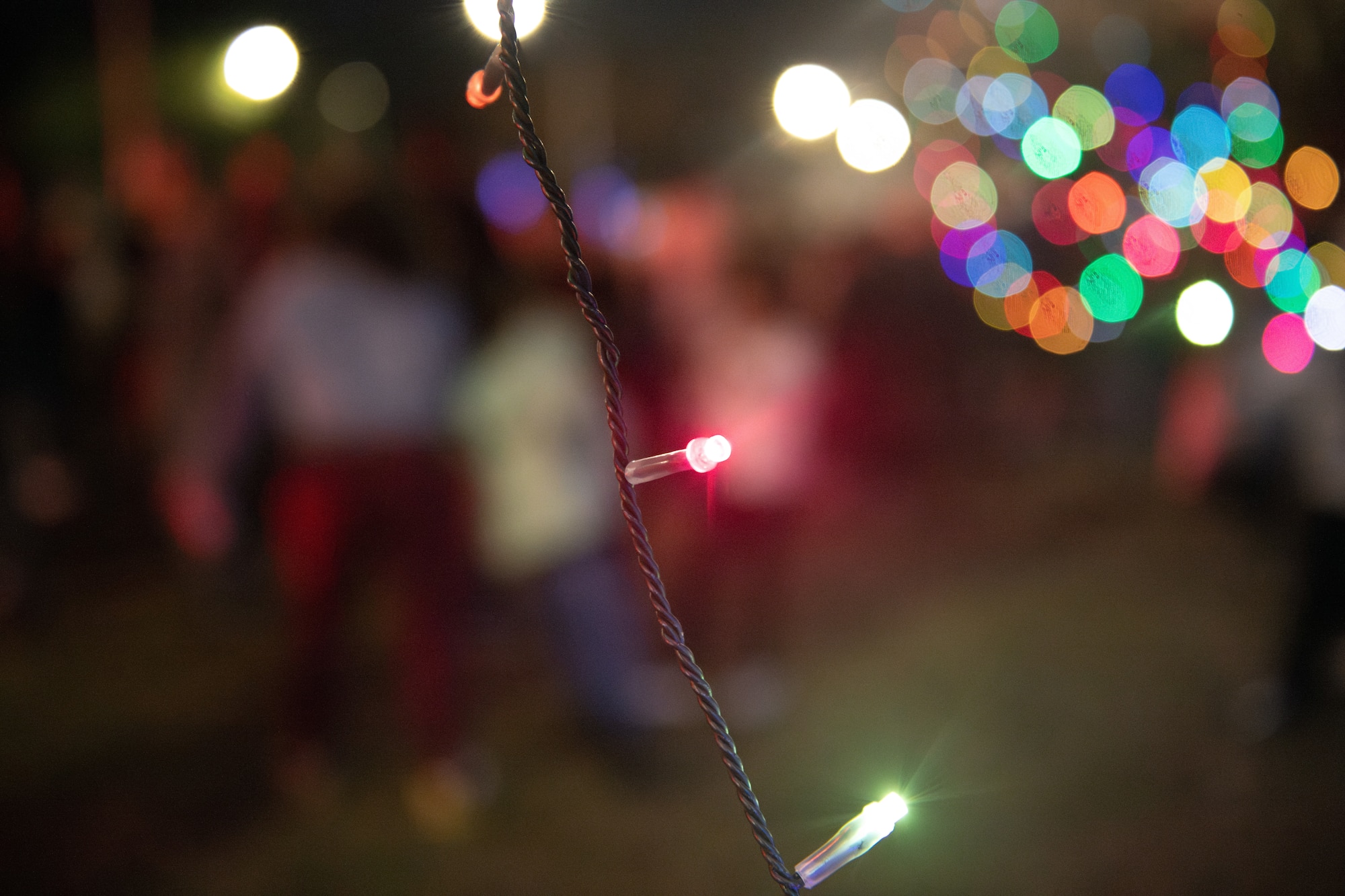 Colorful Christmas tree lights are displayed hanging from a tree