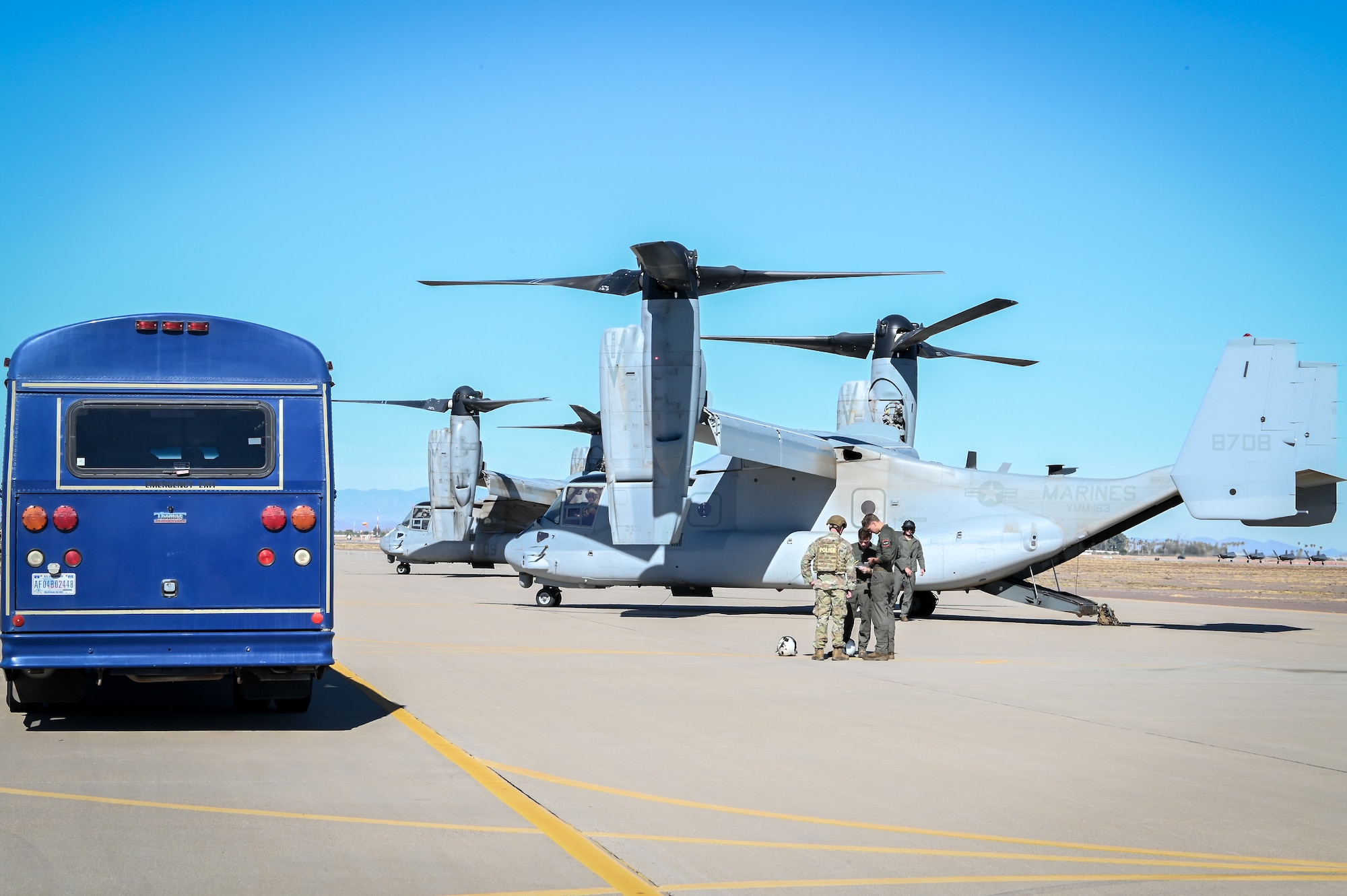 Marine Corps MV-22 Ospreys are staged on the flightline during Exercise Desert Hammer 25-1 at Luke Air Force Base, Ariz., Nov. 13, 2024. Through joint and multinational collaboration, Desert Hammer tests the ability of over 700 participants and 131 aircraft to operate, defend, and sustain airbases under austere conditions. (U.S. Air Force photo by Senior Airman Alexis Orozco)