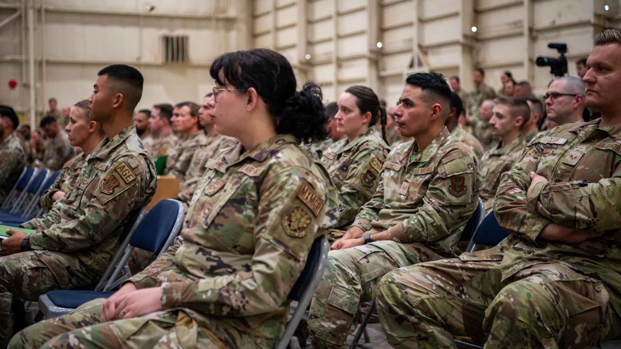 944th Fighter Wing Reserve Citizen Airmen listen attentively during a Ready Start Brief for Exercise Desert Hammer 25-1 at Luke Air Force Base, Ariz., Nov. 13, 2024. Through joint and multinational collaboration, Desert Hammer tests the ability of over 700 participants and 131 aircraft to operate, defend, and sustain airbases under austere conditions. (U.S. Air Force photo by Senior Airman Jacob Dastas)
