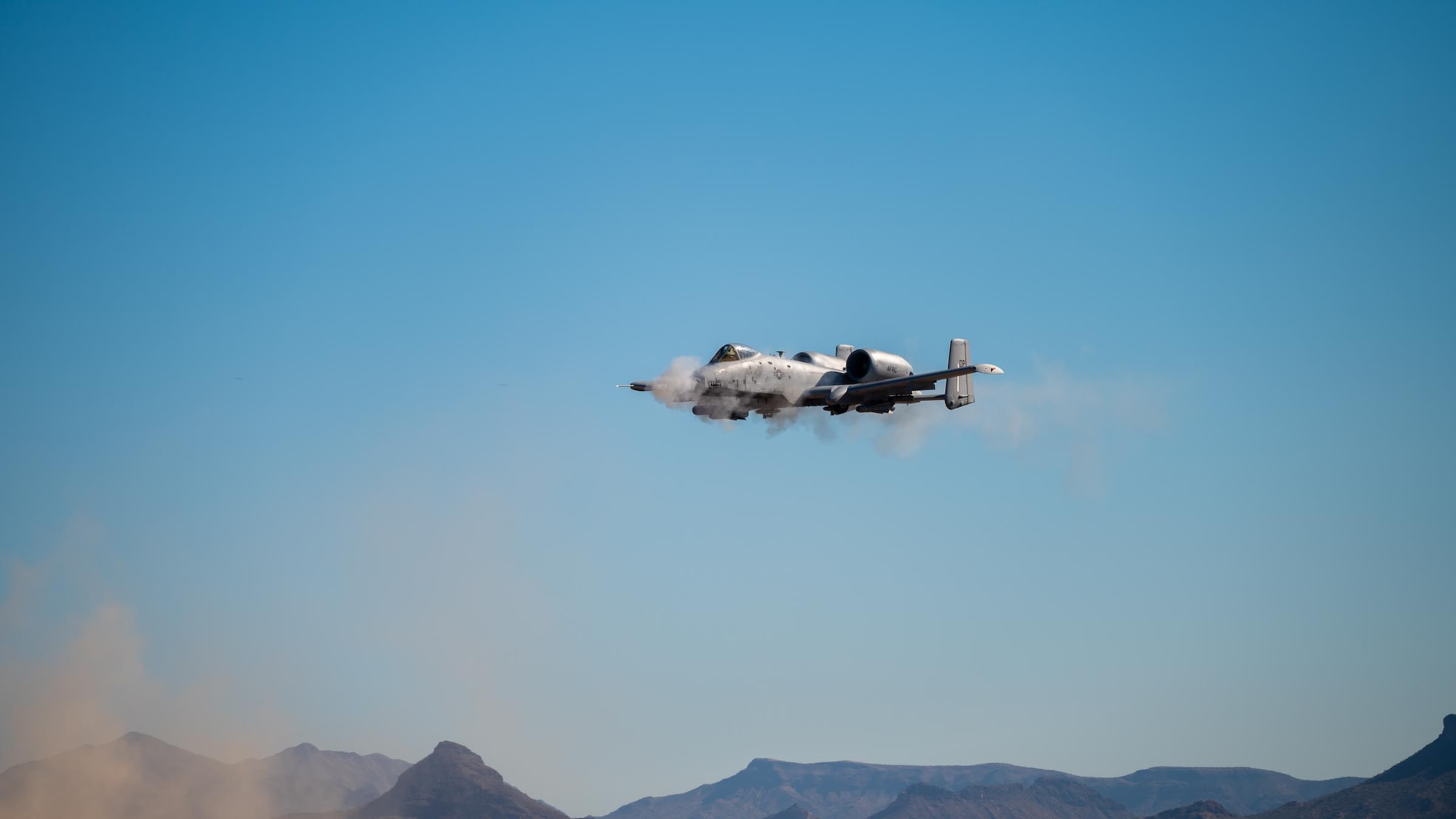 An A-10 Thunderbolt II from the 924th Fighter Group of the 944th Fighter Wing makes a low pass during Exercise Desert Hammer 25-1 over Barry M. Goldwater Range East near Gila Bend, Ariz., Nov. 14, 2024. Set against the unmatched backdrop of the Barry M. Goldwater Range, Desert Hammer leverages Arizona’s strategic geography to provide realistic combat training for U.S. and allied forces. (U.S. Air Force photo by Senior Airman Jacob Dastas)