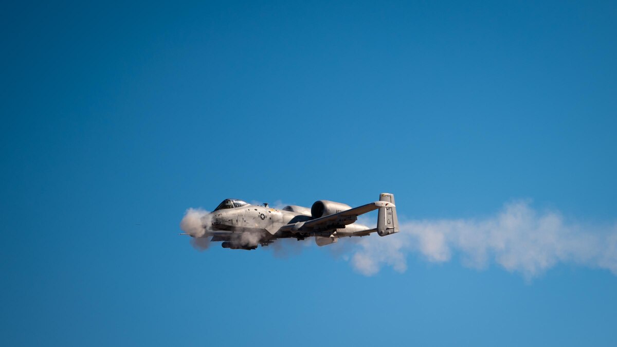 An A-10 Thunderbolt II from the 924th Fighter Group of the 944th Fighter Wing fires its 30mm GAU-8/A Avenger Gatling gun during Exercise Desert Hammer 25-1 at Barry M. Goldwater Range East near Gila Bend, Ariz., Nov. 14, 2024. Through joint and multinational collaboration, Desert Hammer tests the ability of over 700 participants and 131 aircraft to operate, defend, and sustain airbases under austere conditions. (U.S. Air Force photo by Senior Airman Jacob Dastas)
