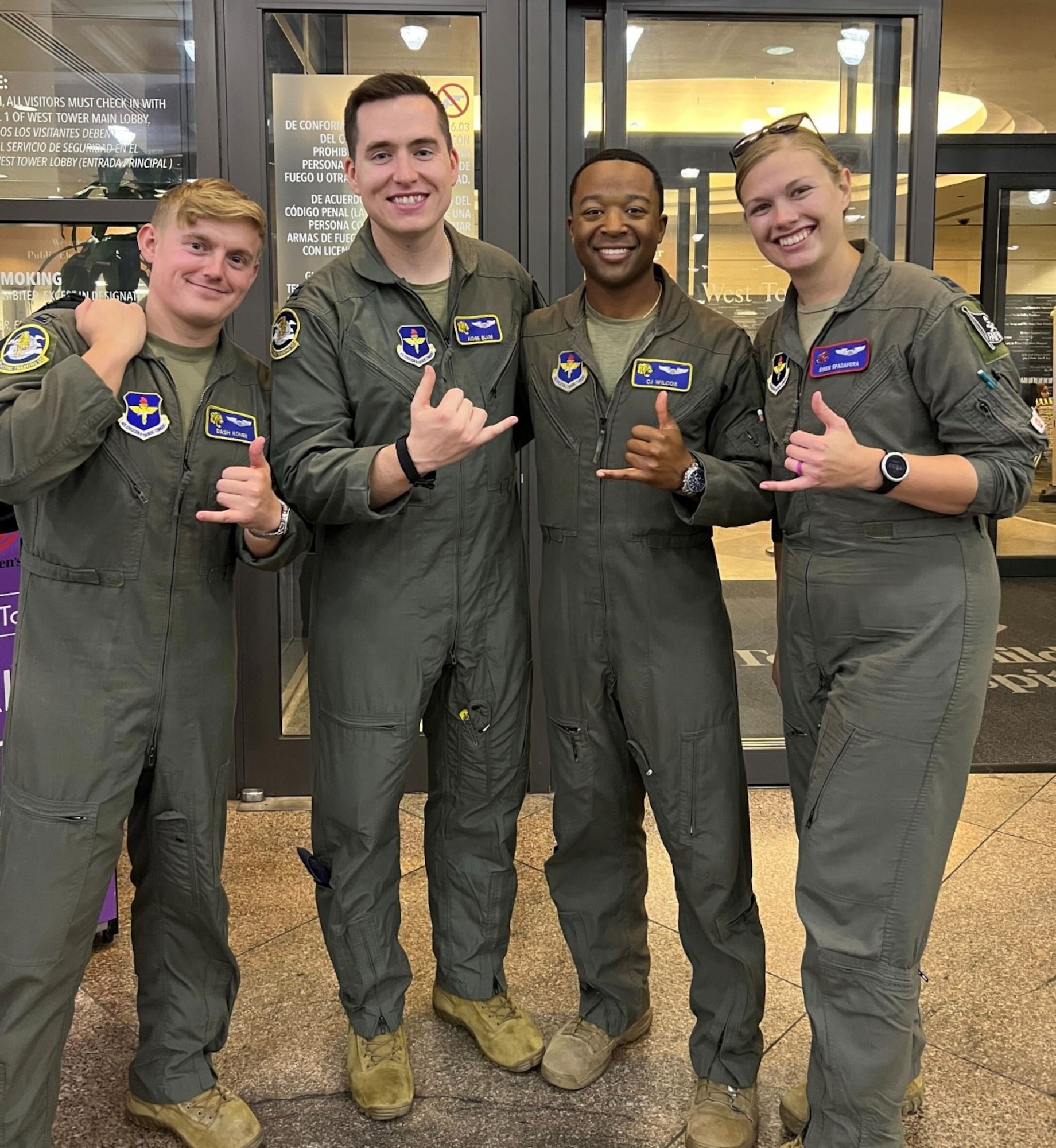 Instructor Pilots from the 85th Flying Training Squadron visit the Texas Children’s Hospital (TCH) at the Texas Medical Center in Houston, Texas, Nov 15, 2024. U.S. Air Force Capts. Charles Blum and Tyler Konek, 85th FTS, instructor pilots (IPs), led a group of four T-6 Nation IPs to spread happiness and holiday cheer with patients, and families at TCH. ( U.S. Air Force photo by Airman 1st Class Harrison Sullivan)