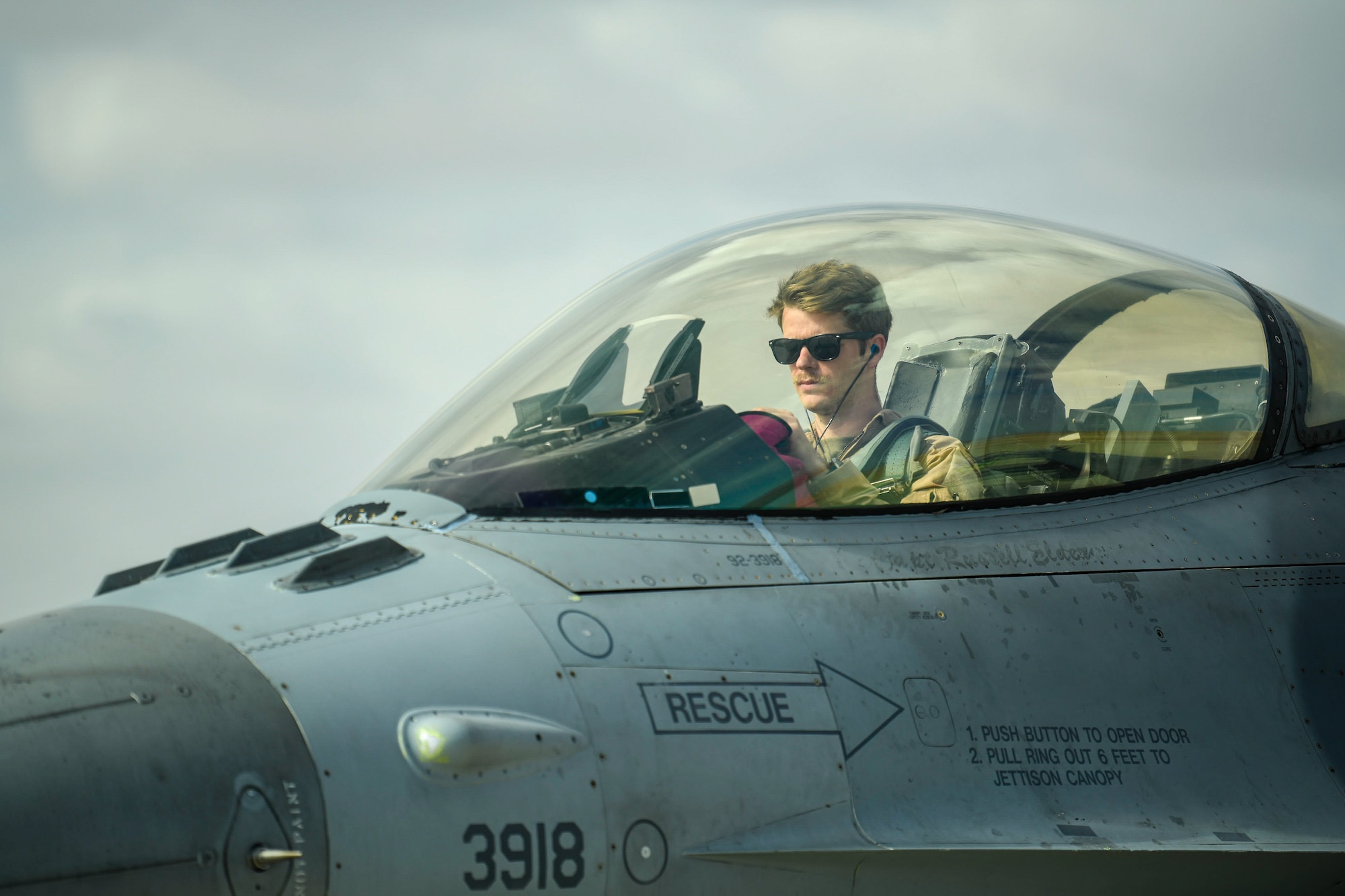U.S. Air Force Capt. Kyle “Anchor” Oldenburg, 480th Expeditionary Fighter Squadron F-16 pilot, returns from a training flight during Exercise PHOENIX ARMOR in a U.S. Central Command area of responsibility, Nov. 26, 2024.