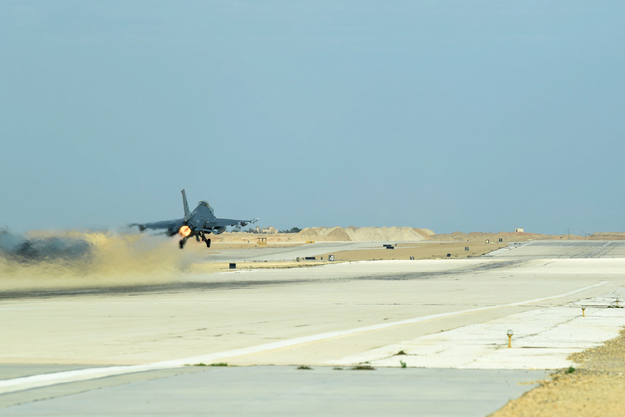 A U.S. Air Force F-16 Fighting Falcon launches on an aerial refueling mission during Exercise PHOENIX ARMOR in a U.S. Central Command area of responsibility, Nov. 26, 2024.