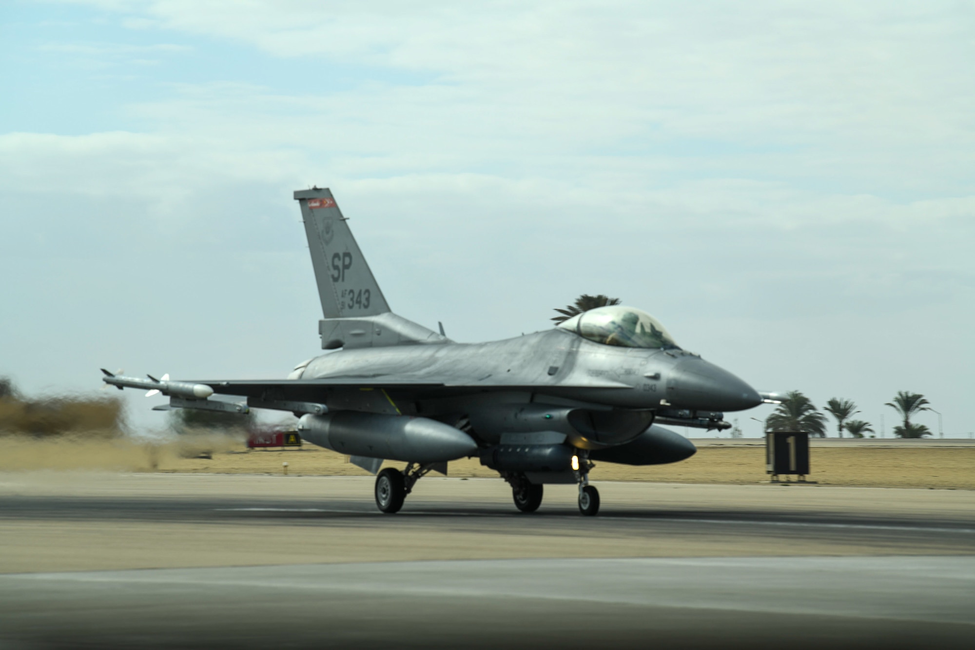 A U.S. Air Force F-16 Fighting Falcon launches for a training mission during Exercise PHOENIX ARMOR in a U.S. Central Command area of responsibility, Nov. 26, 2024.