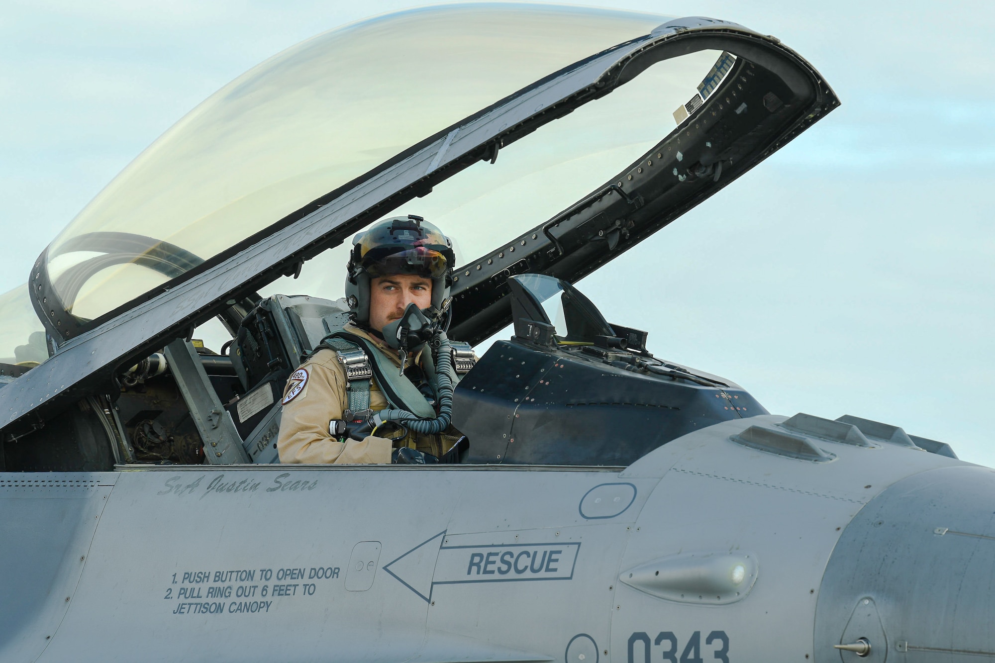 U.S. Air Force Capt. John "Scooby" Rue, 480th Expeditionary Fighter Squadron F-16 pilot, prepares to launch an F-16 Fighting Falcon during Exercise PHOENIX ARMOR in a U.S. Central Command area of responsibility, Nov. 26, 2024.