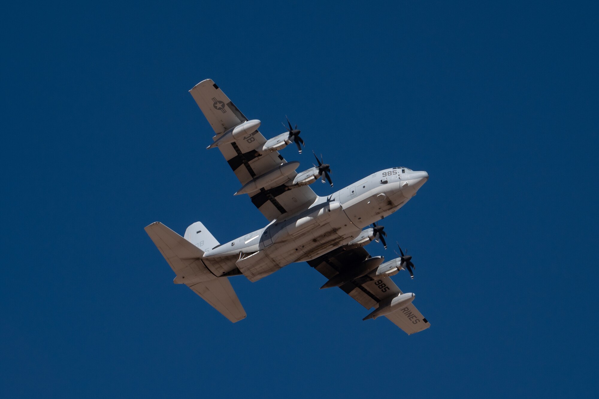 A U.S. Marine Corps KC-130J Hercules approaches a designated drop zone at Auxiliary Airfield 6 near Gila Bend, Ariz., as part of Exercise Desert Hammer 25-1, Nov. 14, 2024. Exercise Desert Hammer leverages Arizona’s strategic geography to provide realistic combat training for U.S. and allied forces. (U.S. Air Force photo by Tech. Sgt. Tyler J. Bolken)