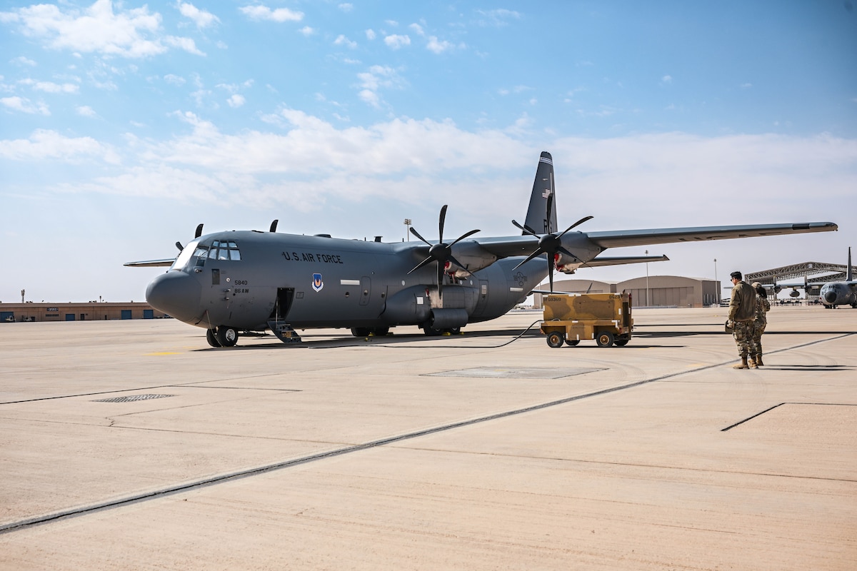 A C-130J Super Hercules aircraft sits on the flightline.