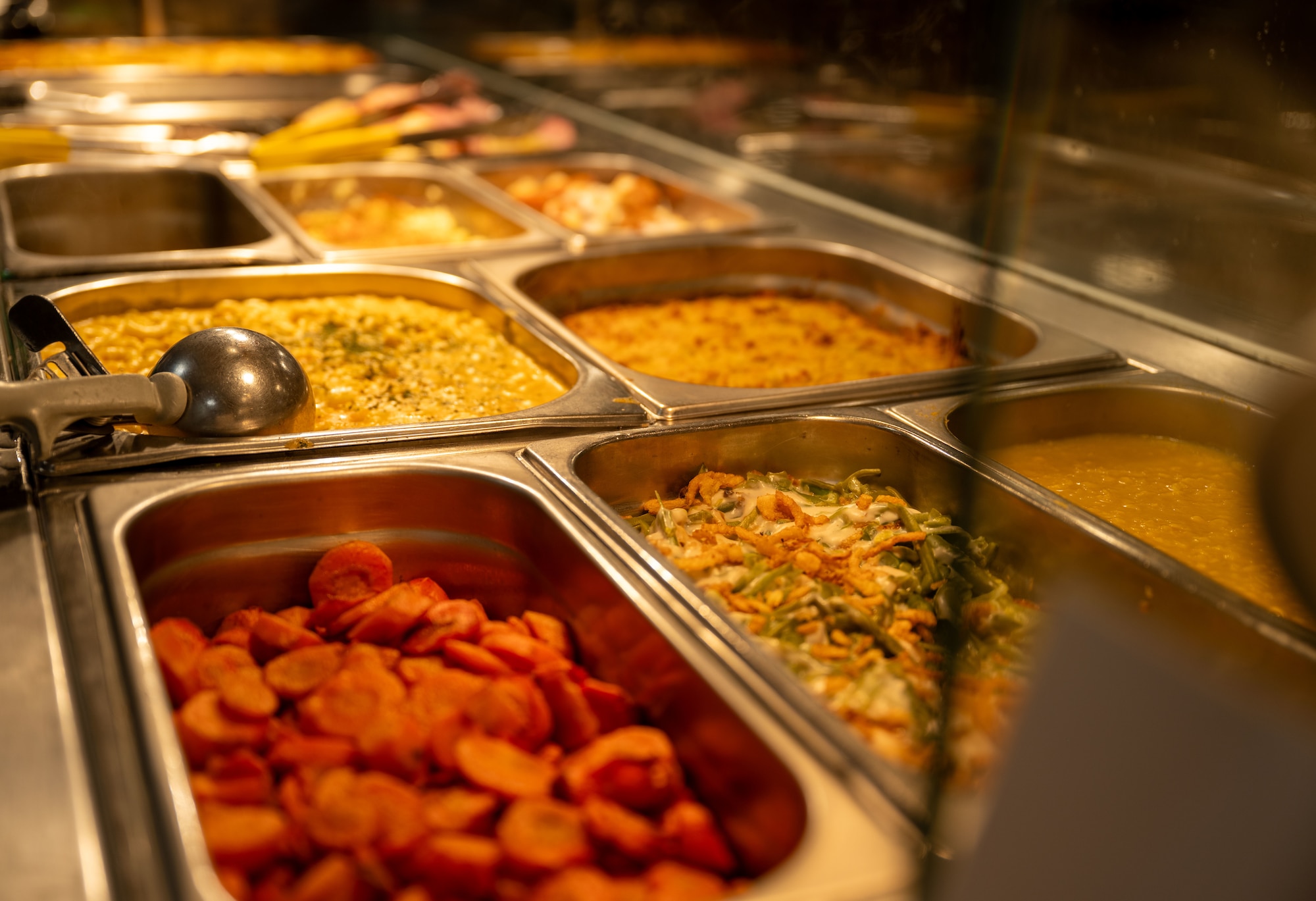 Thanksgiving food rests in serving containers at Royal Air Force Mildenhall, England, Nov. 27, 2024.
