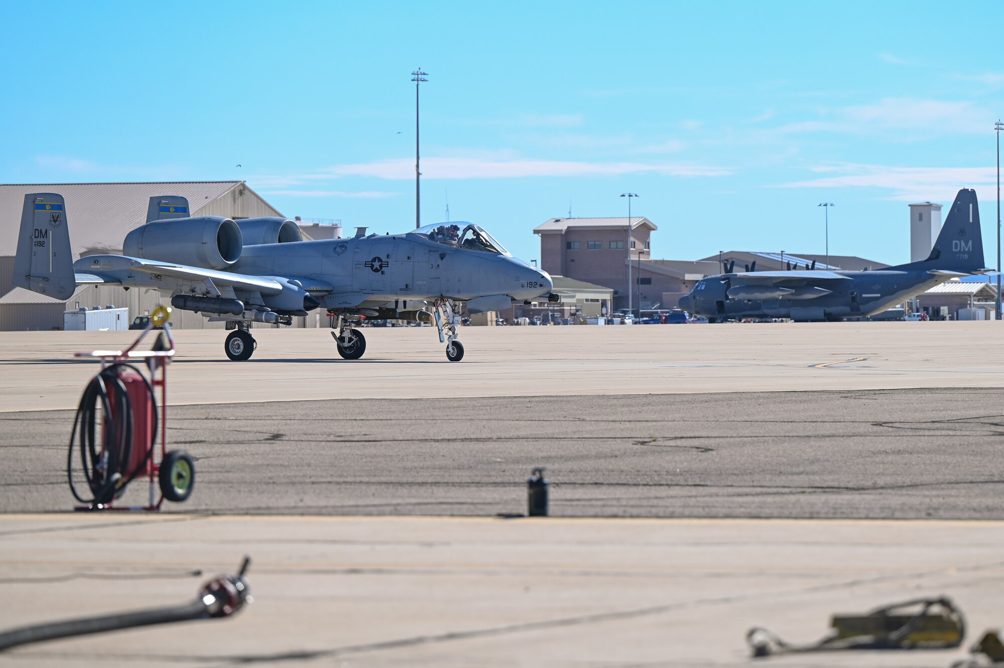 An A-10 Thunderbolt II from the 924th Fighter Group taxis on the flightline at Davis-Monthan Air Force Base, Ariz., Nov. 14, 2024, as part of Exercise Desert Hammer 25-1 hosted by the 944th Fighter Wing. Set against the unmatched backdrop of the Barry M. Goldwater Range, Desert Hammer leverages Arizona’s strategic geography to provide realistic combat training for U.S. and allied forces. (U.S. Air Force photo by Senior Airman Andrew Garavito)