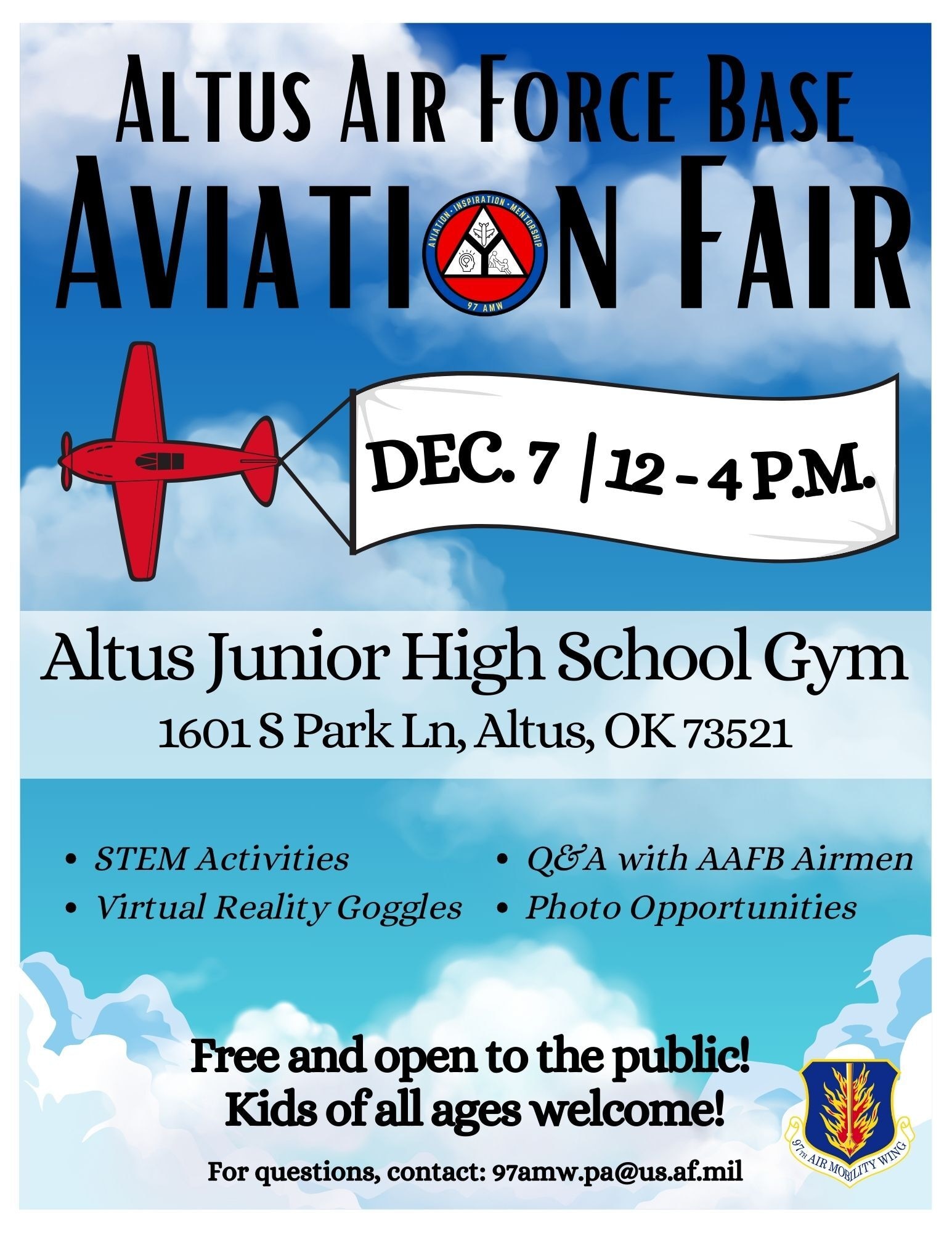 Flyer for the Altus Air Force Base (AFB) Aviation Fair at Altus Junior High in Altus, Oklahoma, Dec. 7, 2024. The fair includes photo opportunities, activities in science, technology, engineering, and math for children, and a question and answer portion with Airmen from Altus AFB. (U.S. Air Force graphic by Senior Airman Heidi Bucins)
