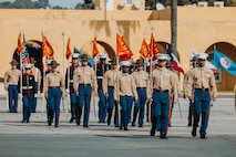 U.S. Marines with Golf Company, 2nd Recruit Training Battalion, march in formation during a graduation ceremony at Marine Corps Recruit Depot San Diego, California, Nov. 26, 2024. Graduation took place at the completion of the 13-week transformation, which included training for drill, marksmanship, basic combat skills, and Marine Corps customs and traditions. (U.S. Marine Corps photo by Cpl. Alexander O. Devereux)