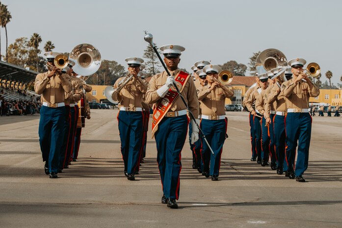 U.S. Marines with Marine Band San Diego perform at a graduation ceremony for Golf Company, 2nd Recruit Training Battalion, at Marine Corps Recruit Depot San Diego, California, Nov. 26, 2024. Graduation took place at the completion of the 13-week transformation, which included training for drill, marksmanship, basic combat skills, and Marine Corps customs and traditions. (U.S. Marine Corps photo by Cpl. Alexander O. Devereux)