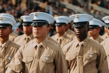 U.S. Marines with Golf Company, 2nd Recruit Training Battalion, march across the parade deck during their graduation ceremony at Marine Corps Recruit Depot San Diego, California, Nov. 26, 2024. Graduation took place at the completion of the 13-week transformation, which included training for drill, marksmanship, basic combat skills, and Marine Corps customs and traditions. (U.S. Marine Corps photo by Cpl. Alexander O. Devereux)