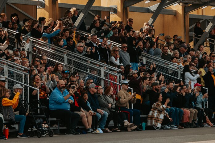 Families and guests of Golf Company, 2nd Recruit Training Battalion, observe a graduation ceremony at Marine Corps Recruit Depot San Diego, California, Nov. 26, 2024. Graduation took place at the completion of the 13-week transformation, which included training for drill, marksmanship, basic combat skills, and Marine Corps customs and traditions. (U.S. Marine Corps photo by Cpl. Alexander O. Devereux)