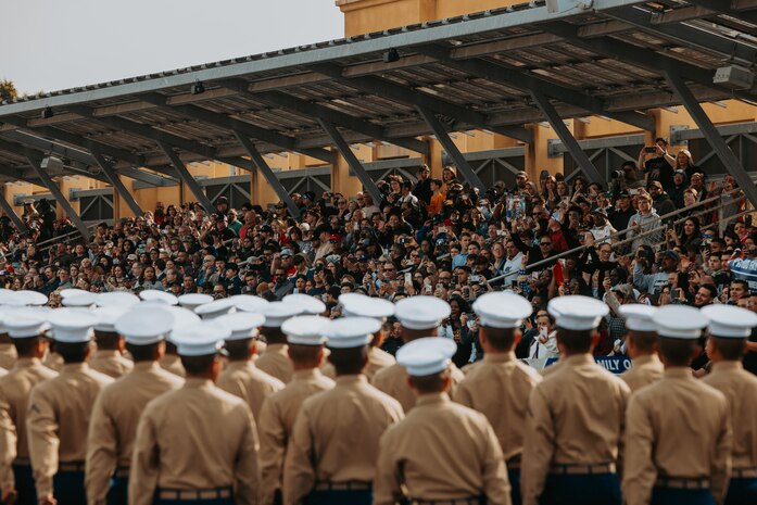 Families and guests of Golf Company, 2nd Recruit Training Battalion, observe a graduation ceremony at Marine Corps Recruit Depot San Diego, California, Nov. 26, 2024. Graduation took place at the completion of the 13-week transformation, which included training for drill, marksmanship, basic combat skills, and Marine Corps customs and traditions. (U.S. Marine Corps photo by Cpl. Alexander O. Devereux)