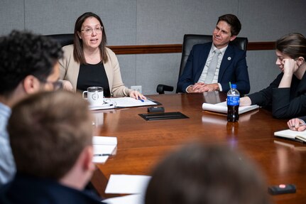 Acting Under Secretary of Defense for Policy Sasha Baker speaks to College of William and Mary students during their visit to the Pentagon
