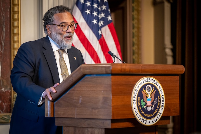 Honorable Harry Coker Jr., National Cyber Director, speaks during the 2024 NSA Cyber Exercise (NCX) Trophy Presentation at the White House