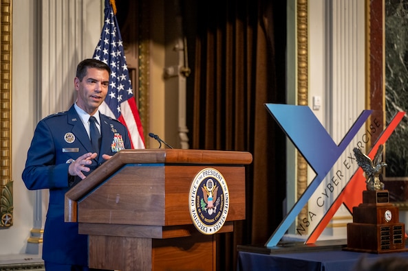 Maj Gen Matteo Martemucci, Deputy Chief of the Central Security Service, speaks during the 2024 NSA Cyber Exercise (NCX) Trophy Presentation at the White House.