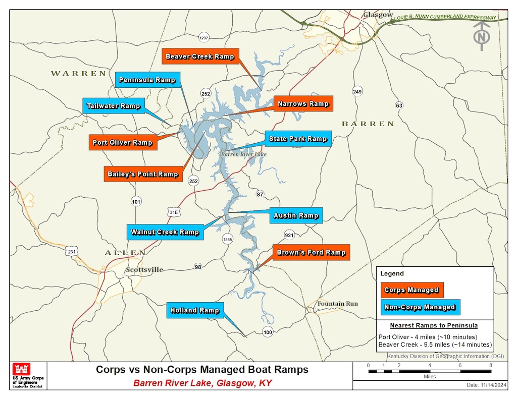 Barren River Lake map of Corps vs. Non-Corps Managed Boat Ramps