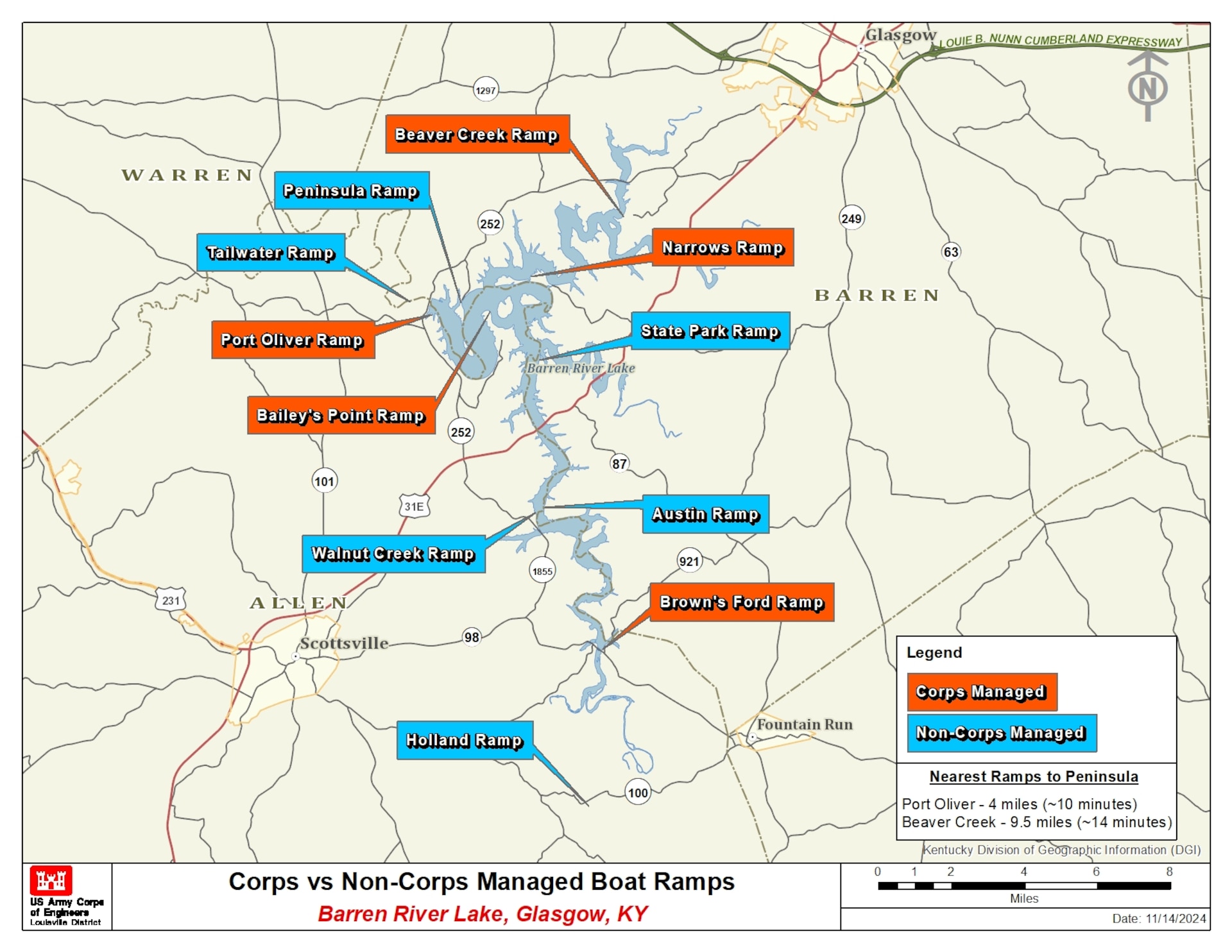 Barren River Lake map of Corps vs. Non-Corps Managed Boat Ramps