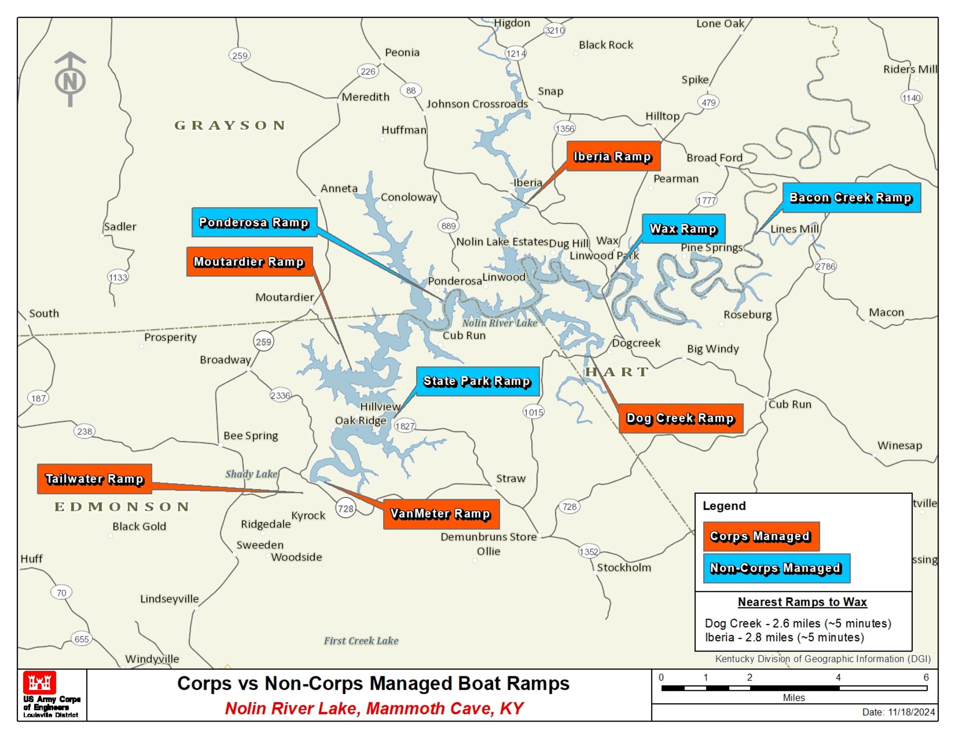 Nolin River Lake map of Corps vs. Non-Corps Managed Boat Ramps