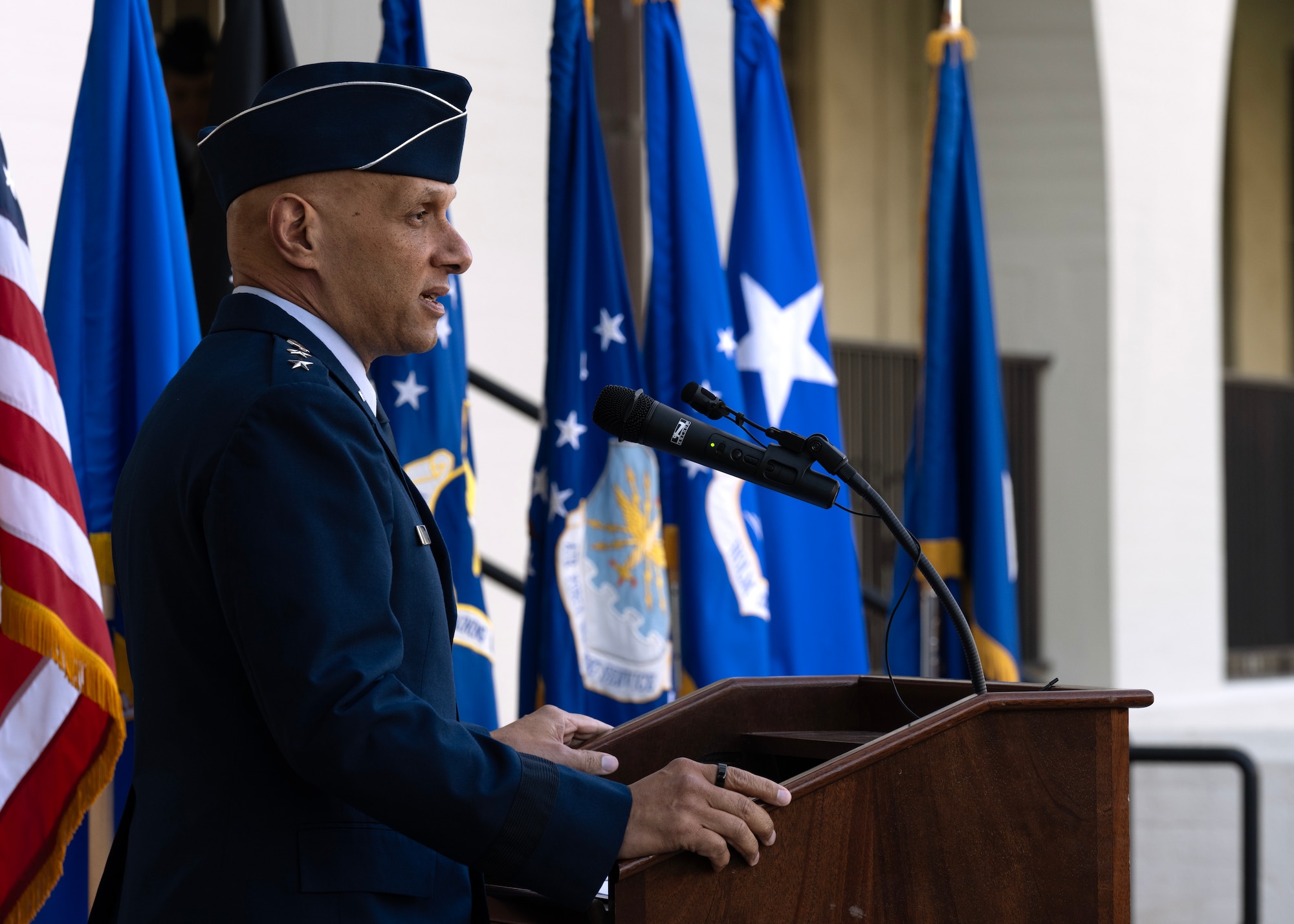 U.S. Air Force Lt. Gen. Brian Robinson, commander of Air Education and Training Command, speaks to guests during the Air Force Accessions Center activation ceremony and assumption of command at Joint Base San Antonio-Randolph, Texas, Dec. 2, 2024.
