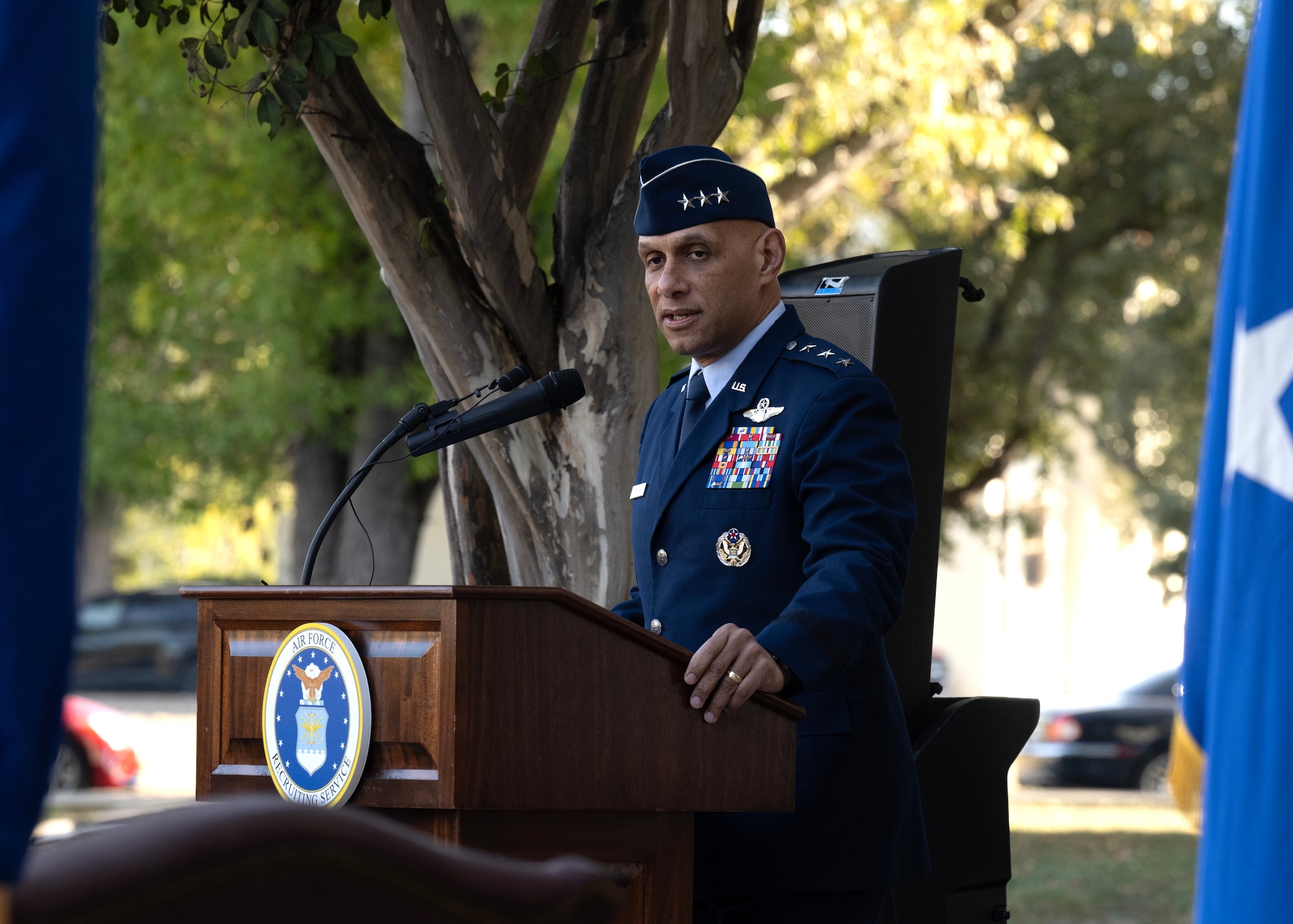 U.S. Air Force Lt. Gen. Brian Robinson, commander of Air Education and Training Command, speaks to guests during the Air Force Accessions Center activation ceremony and assumption of command at Joint Base San Antonio-Randolph, Texas, Dec. 2, 2024.
