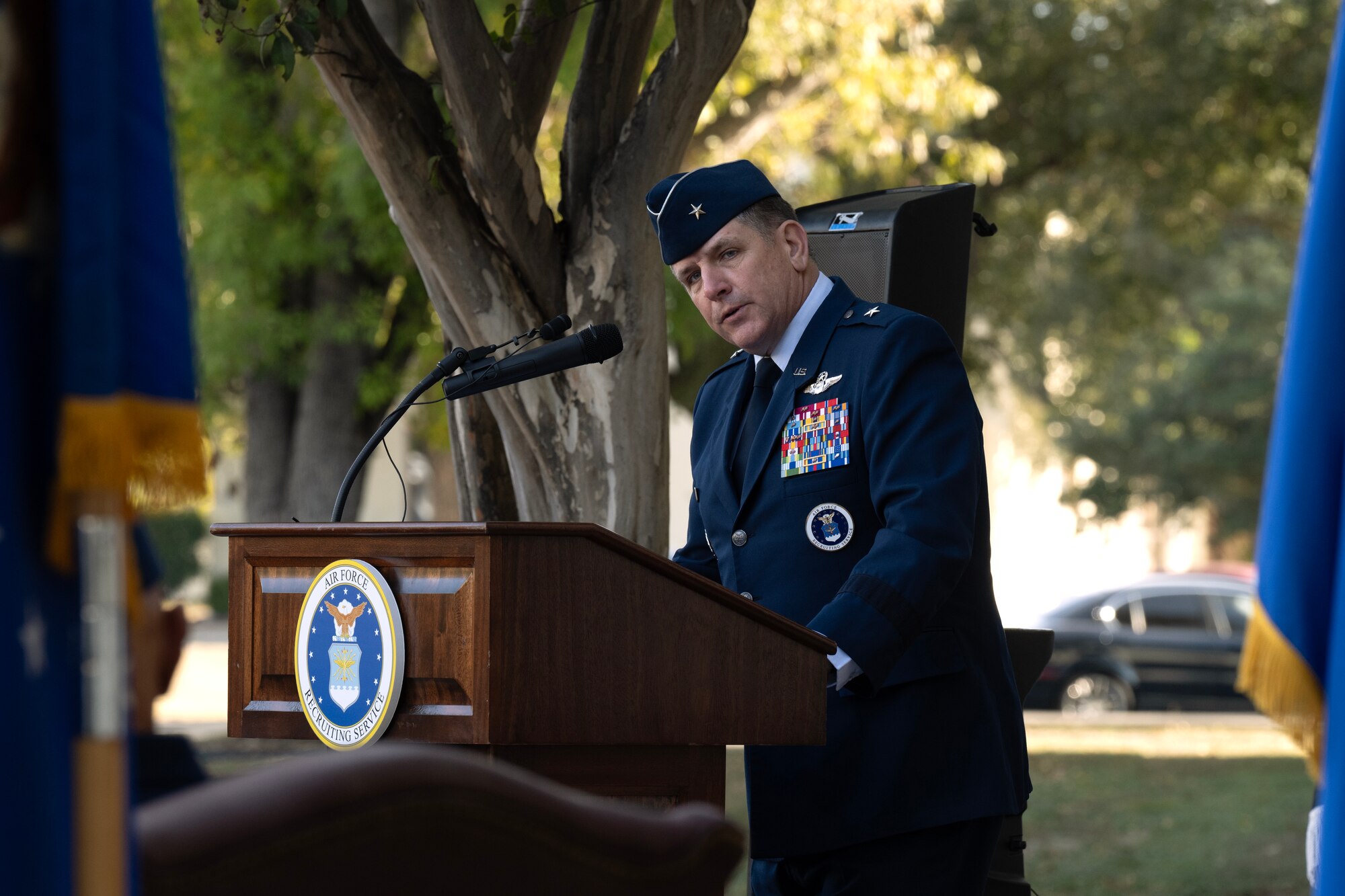 U.S. Air Force Brig. Gen. Christopher Amrhein, Air Force Accessions Center commander, speaks to guests during the AFAC activation ceremony and assumption of command at Joint Base San Antonio-Randolph, Texas, Dec. 2, 2024.