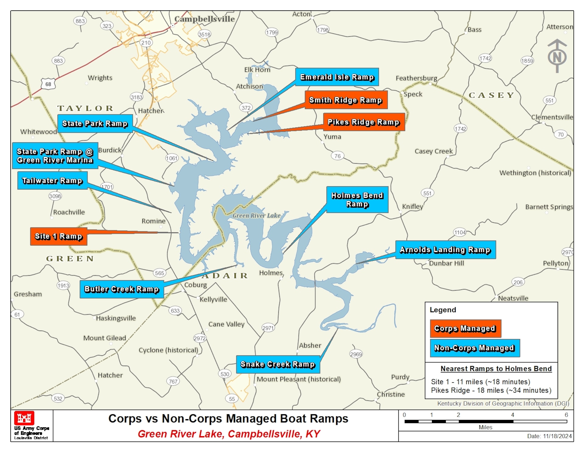 Green River Lake map of Corps vs. Non-Corps Managed Boat Ramps