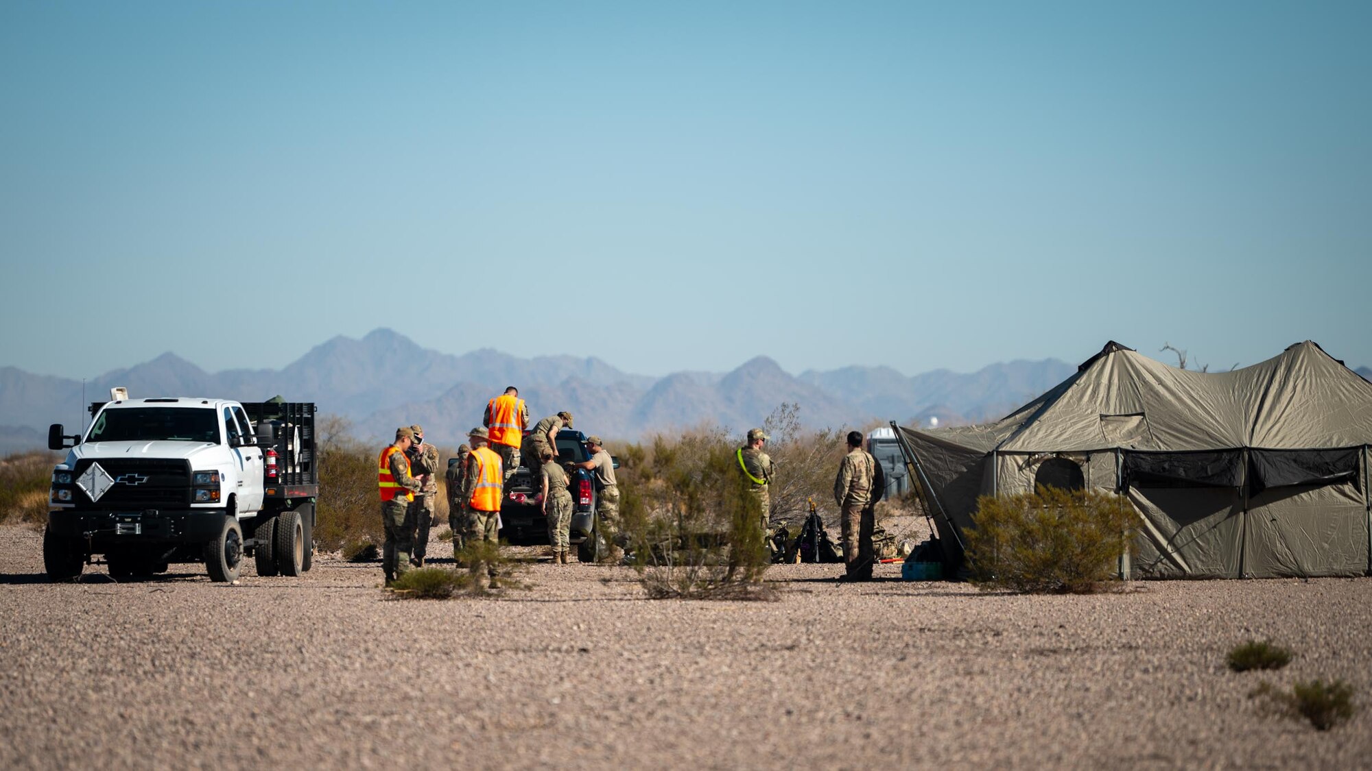 944th Fighter Wing Reserve Citizen Airmen set up a tactical operations center as part of Exercise Desert Hammer 25-1 at Auxiliary Airfield 6 near Gila Bend, Ariz., Nov. 14, 2024. Through joint and multinational collaboration, Desert Hammer tests the ability of over 700 participants and 131 aircraft to operate, defend, and sustain airbases under austere conditions. (U.S. Air Force photo by Senior Airman Jacob Dastas)