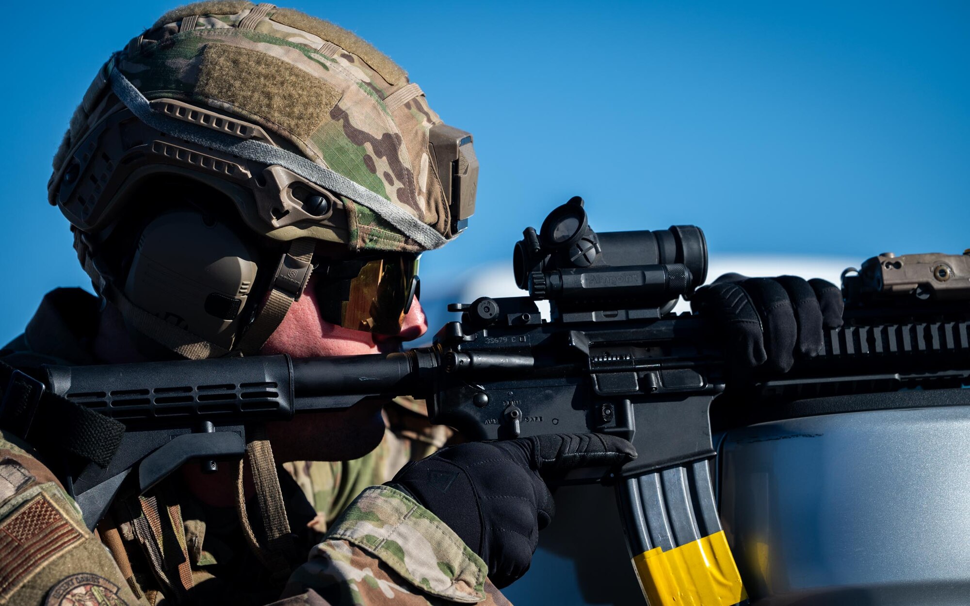 A 944th Fighter Wing U.S. Air Force Reserve Citizen Airman takes aim during Exercise Desert Hammer 25-1 at Auxiliary Airfield 6 near Gila Bend, Ariz., Nov. 14, 2024. This large-scale exercise showcases the adaptability of Mission Ready Airmen, advancing the skills needed to thrive in the rapidly evolving challenges of global competition. (U.S. Air Force photo by Senior Airman Jacob Dastas)