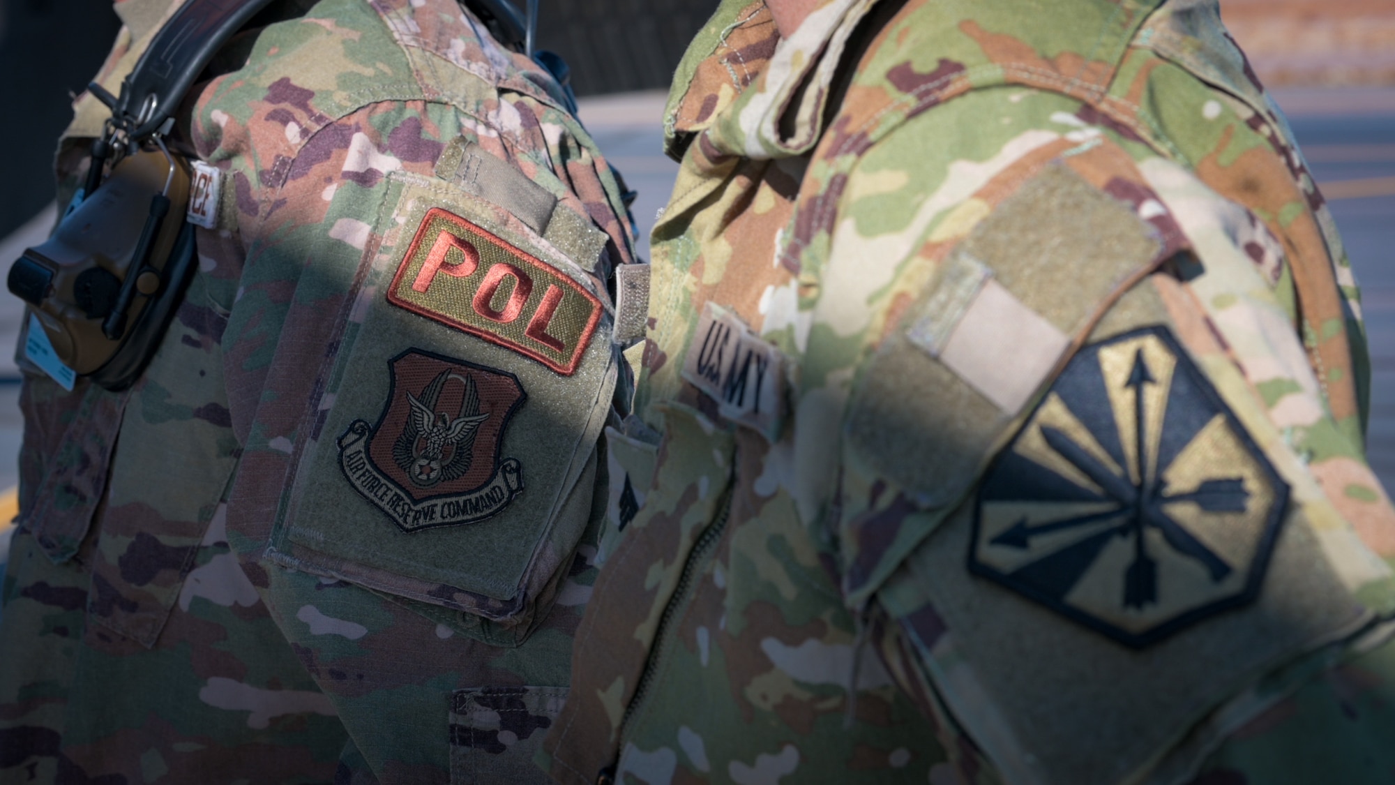 Air Force Reserve Citizen Airman and Arizona Army National Guard personnel display unit patches during Exercise Desert Hammer 25-1 at Gila Bend Air Force Auxiliary Field near Gila Bend, Ariz., Nov. 14, 2024. Set against the unmatched backdrop of the Barry M. Goldwater Range, Desert Hammer leverages Arizona’s strategic geography to provide realistic combat training for U.S. and allied forces. (U.S. Air Force photo by Tech. Sgt. Tyler J. Bolken)