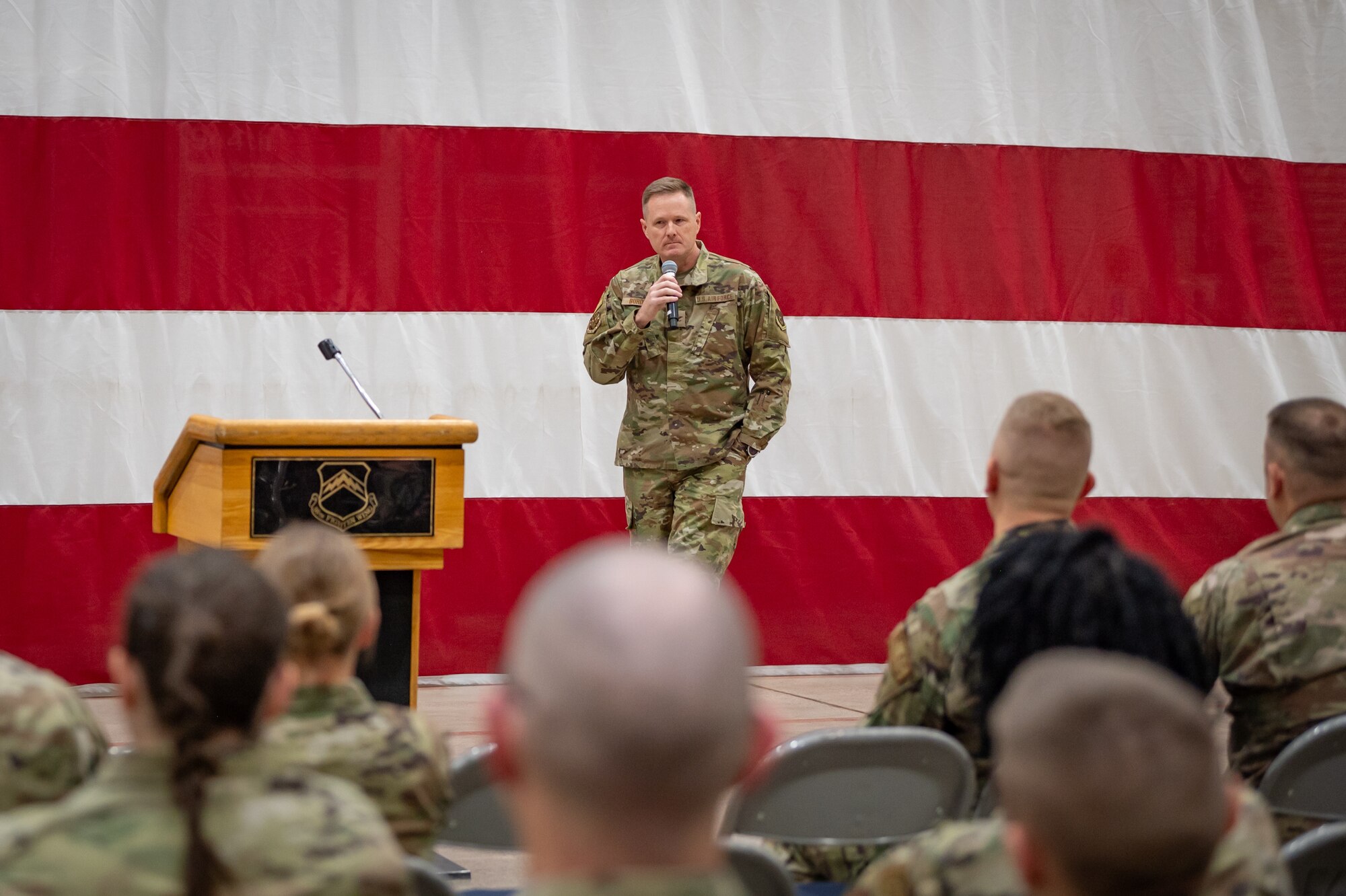 Col. Chad Burdick, 944th Fighter Wing Air Task Force Commander for Desert Hammer, addresses Reserve Citizen Airmen during a Ready Start Brief at Luke Air Force Base, Ariz., Nov. 13, 2024. Exercise Desert Hammer 25-1 emphasizes the U.S. Air Force Reserve’s commitment to readiness by integrating Agile Combat Support and Large Force Exercise capabilities in a contested environment. (U.S. Air Force photo by Tech. Sgt. Tyler J. Bolken)