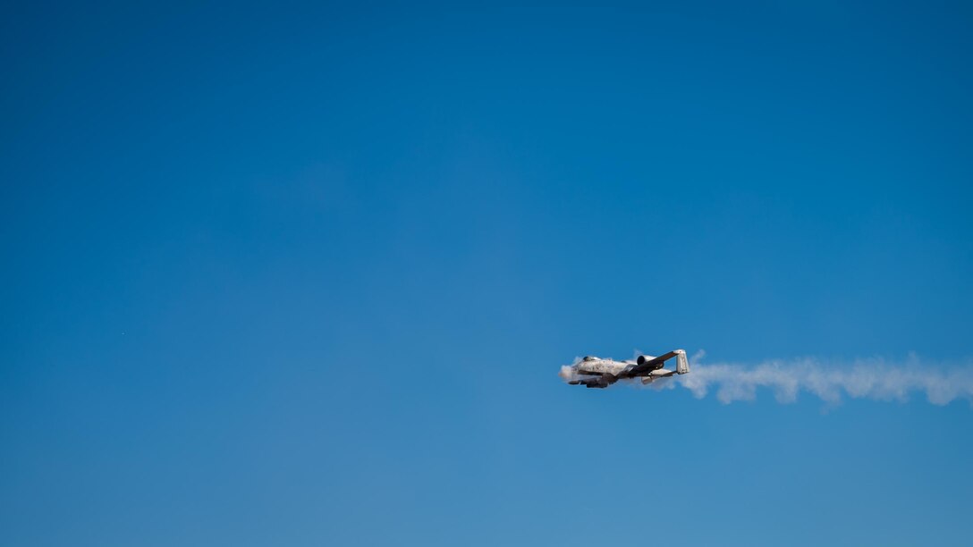 An A-10 Thunderbolt II from the 924th Fighter Group of the 944th Fighter Wing fires its 30mm GAU-8/A Avenger Gatling gun during Exercise Desert Hammer 25-1 at Barry M. Goldwater Range East near Gila Bend, Ariz., Nov. 14, 2024. This large-scale exercise showcases the adaptability of Mission Ready Airmen, advancing the skills needed to thrive in the rapidly evolving challenges of global competition. (U.S. Air Force photo by Senior Airman Jacob Dastas)