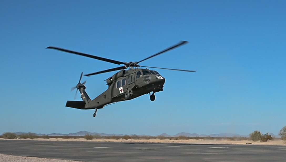 An Arizona Army National Guard UH-60 Black Hawk departs Auxiliary Field 6 near Gila Bend, Ariz., during Exercise Desert Hammer 25-1 on Nov. 16, 2024. Set against the unmatched backdrop of the Barry M. Goldwater Range, Desert Hammer leverages Arizona’s strategic geography to provide realistic combat training for U.S. and allied forces. (U.S. Air Force photo by Senior Airman Alexis Orozco)